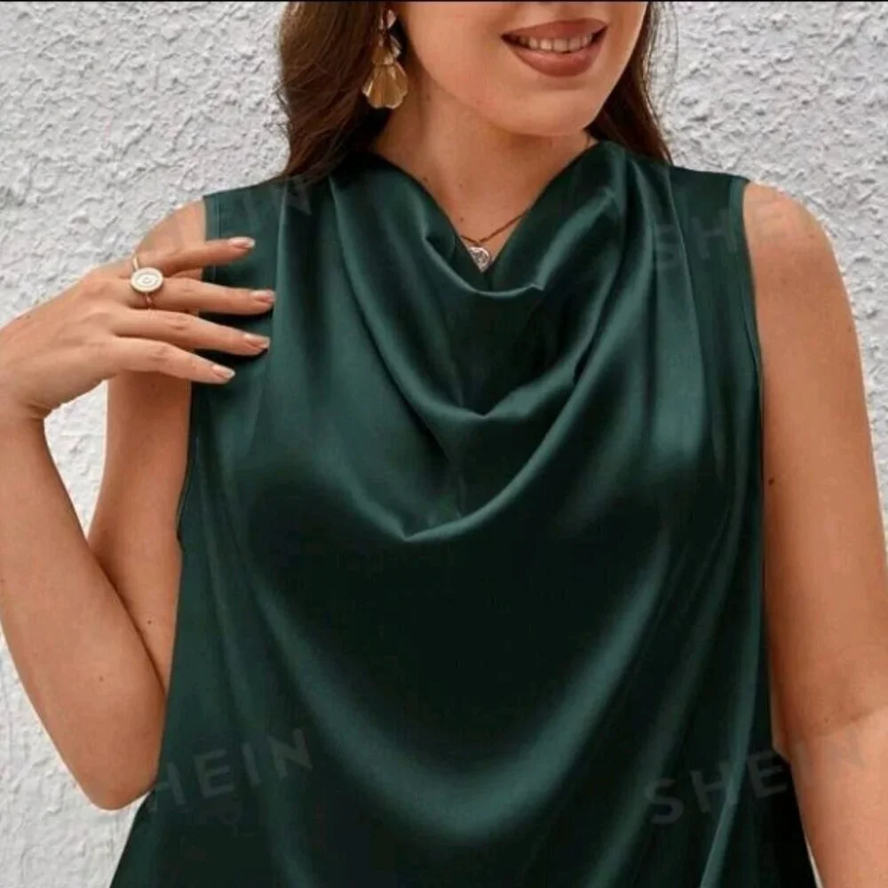 Draped Collar Sleeveless Satin Blouse - Picture 3 of 6